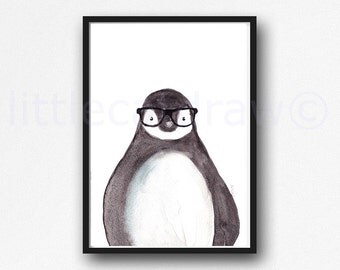 Geek Penguin Print Penguin Wearing Nerd Glasses Watercolor Painting Art Print Black and White Bird Art Wall Art Nursery Decor