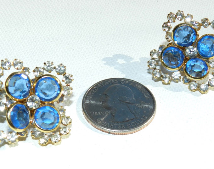 Vintage Bezel Crystal Earrings, Blue Glass Clear crystal earrings, 80s Vintage, Costume Jewelry, Vintage Jewellery, Bridal