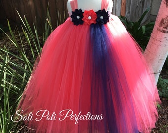 Coral Tutu Dress, Navy Tutu Dress, Flower Girl Tutu Dress, Navy and Coral Tutu Dress, Coral and Navy Flower Girl Dress