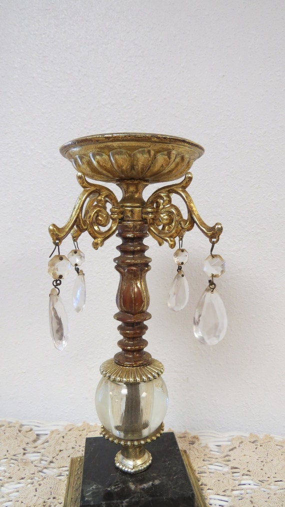 Large Italian Marble Gold Candle Holder with Crystals Italy