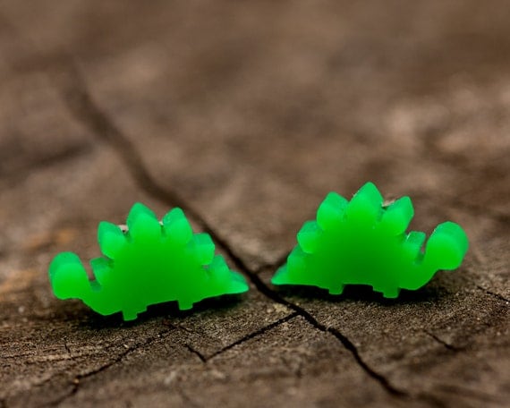 FREE SHIPPING - Green Dinosaur Stegosaurus Acrylic Earrings - Surgical Steel - Pug Jewellery - Pug Studs