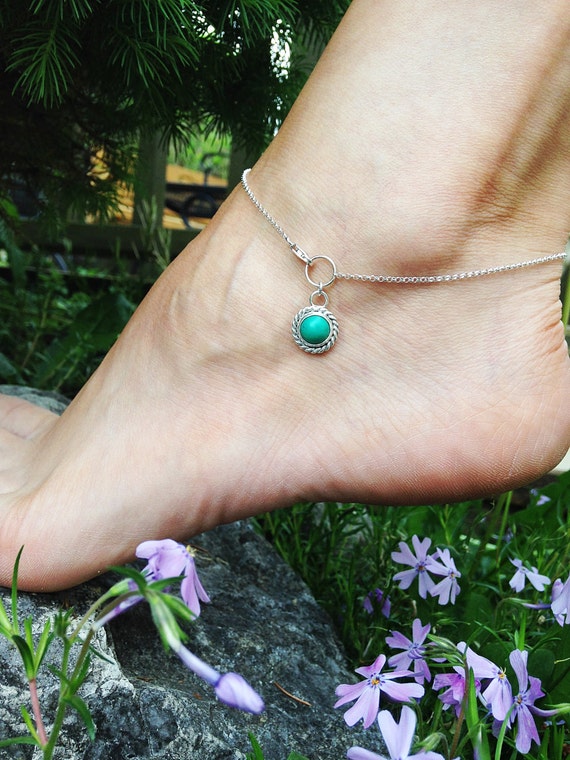 Sterling Silver Genuine Turquoise Anklet Cabochon stone