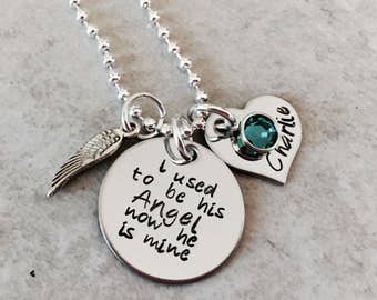I used to be his angel now he is mine personalized necklace with name charm and birthstone remembrance necklace personalized gift angel wing