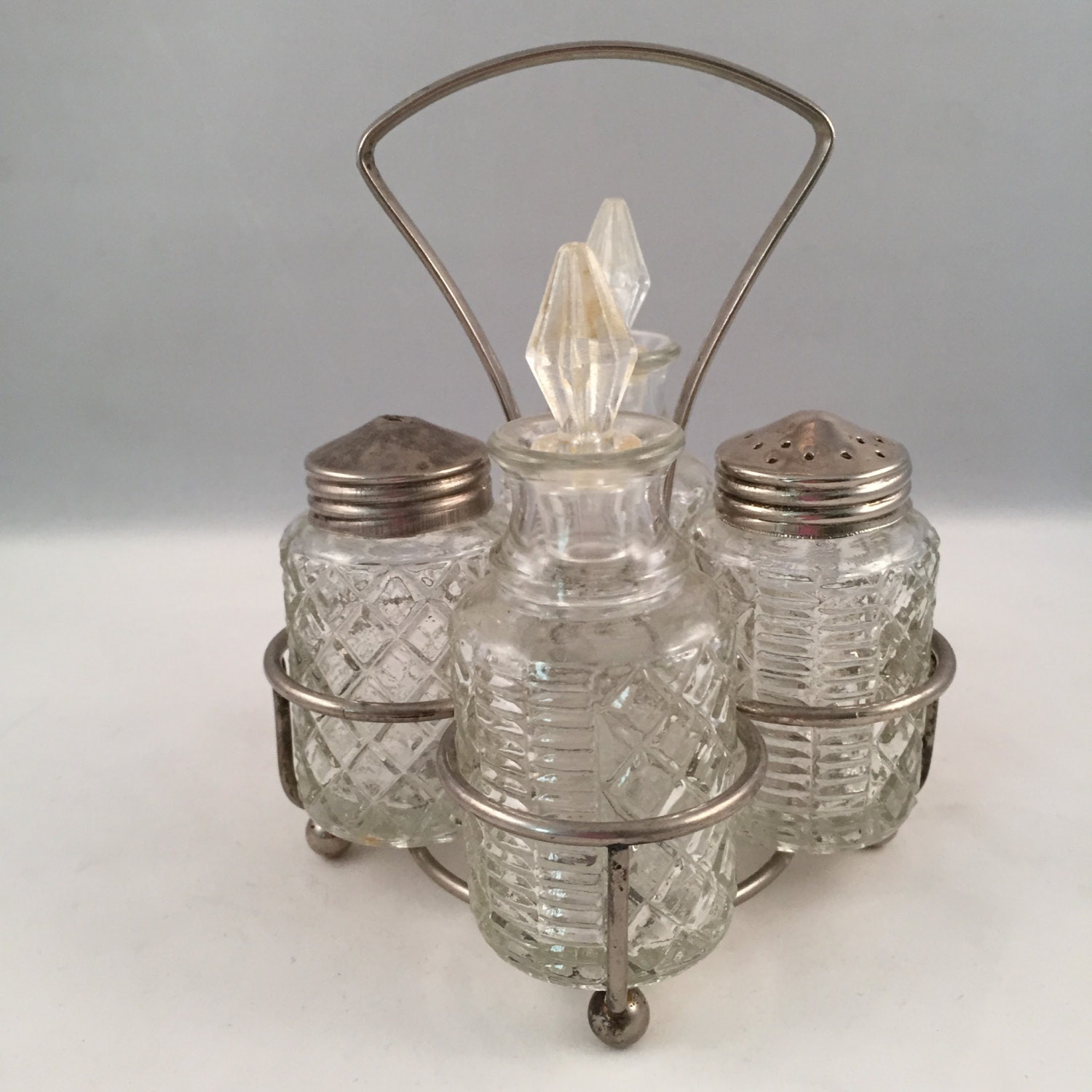 Salt/Pepper Oil/Vinegar Cruets in Caddy Crystal Glass Set