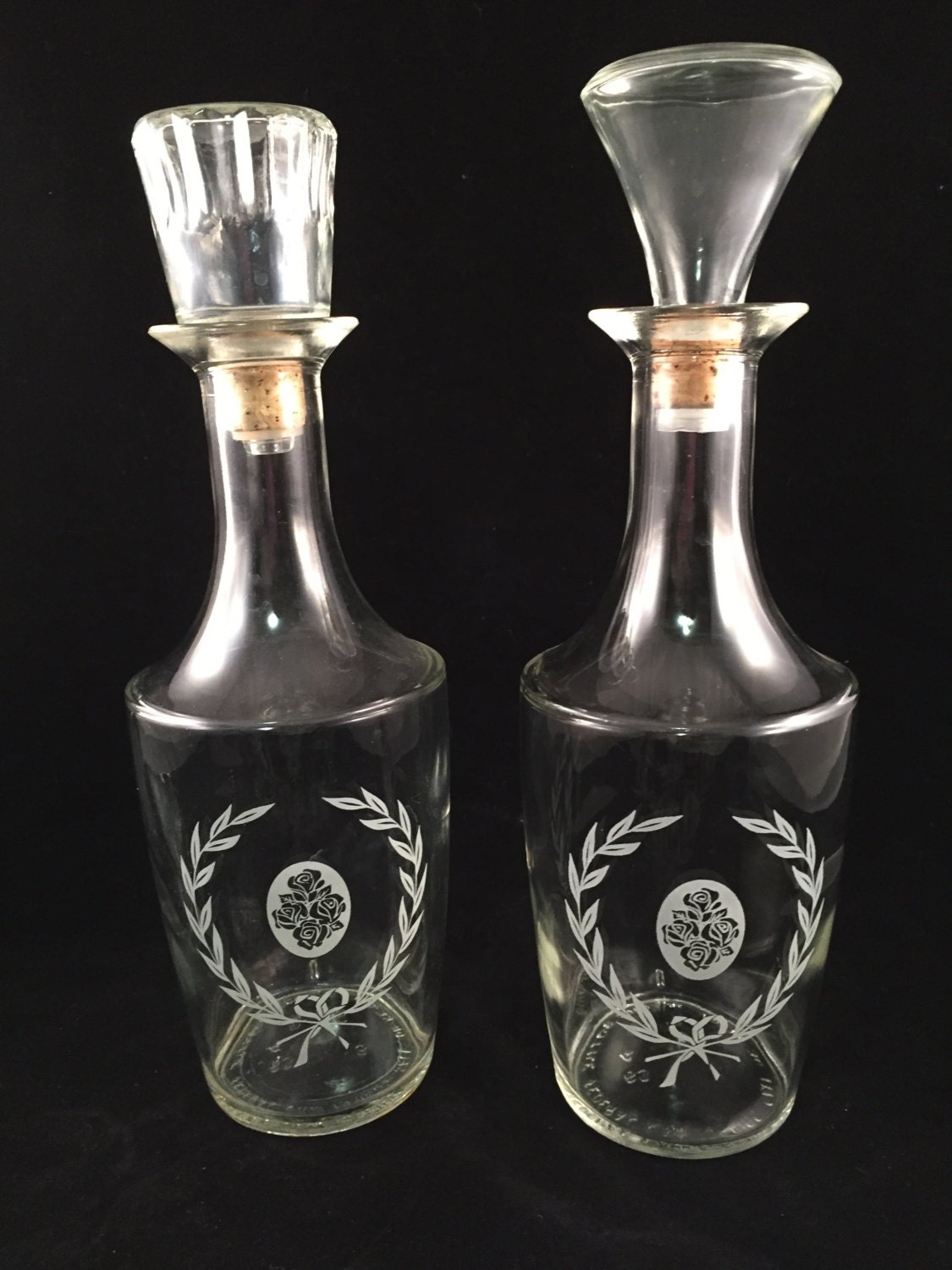 Set of 2 Glass Liquor Decanters with Matching Emblems Cork