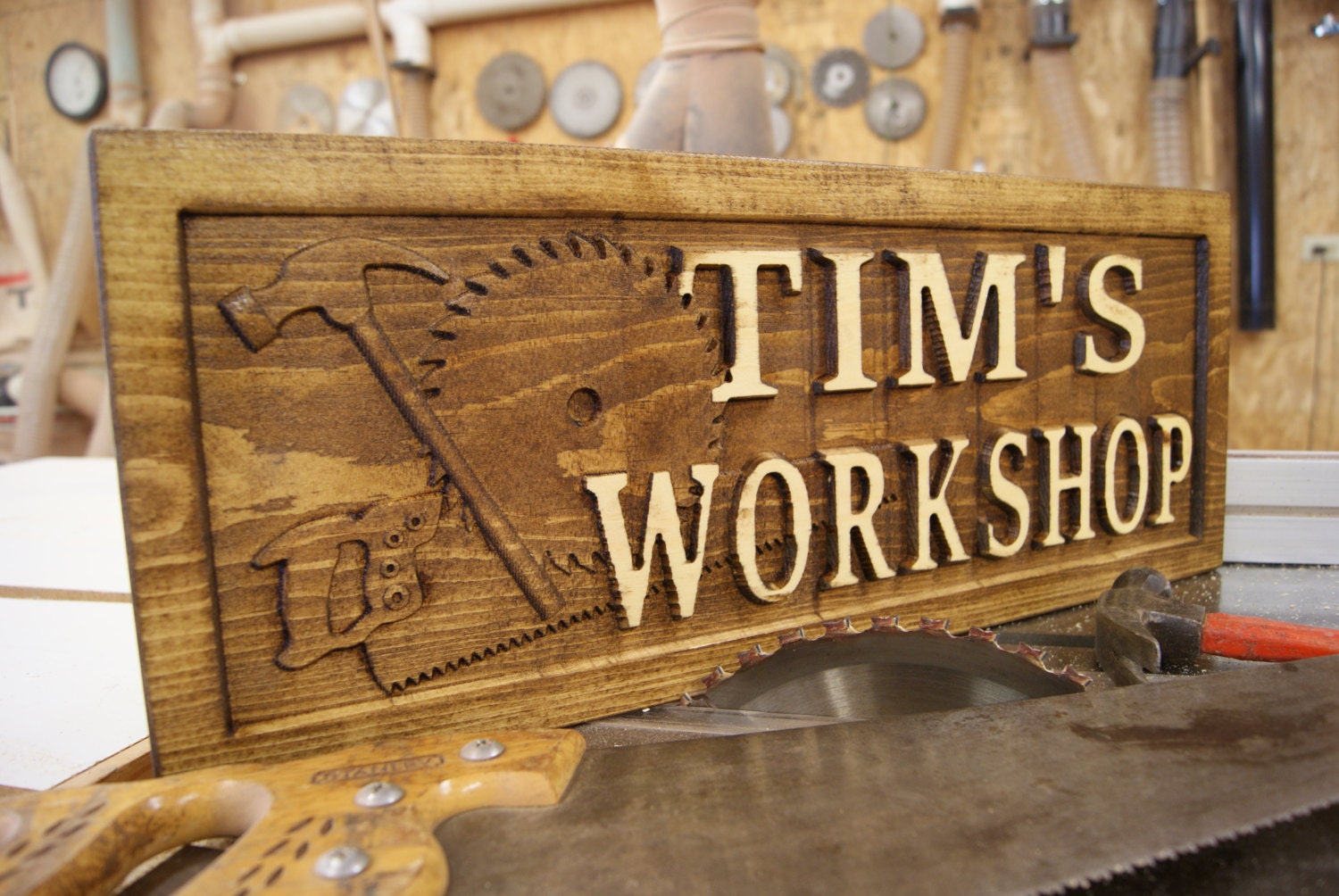 Personalized Workshop Sign 3D Lettering Wooden Carved Rustic