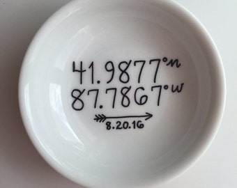 Custom ring holder, ring dish, wedding ring holder, engagement ring dish, latitude longitude, personalize, wedding gift, engagement gift