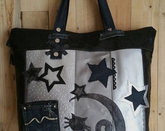Grand sac cabas zippé en jean et plusieurs simili-cuirs, noir et argenté - chat sous les étoiles