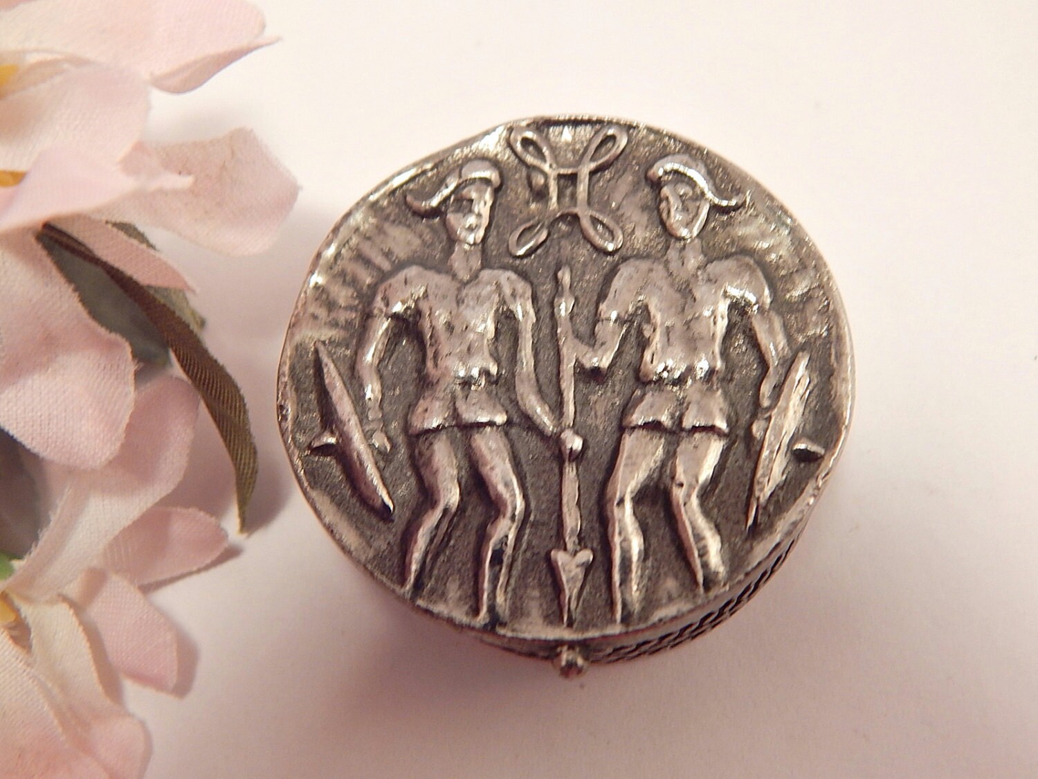 Antique Snuff Box Pewter Pill Box Zodiac by SpringJewelryThings