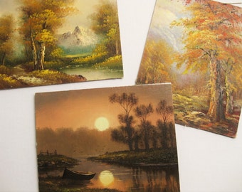 Original landscape paintings. Three scenes. Original art, various artists. 10" x 8" each. Cabin art. Retro art.
