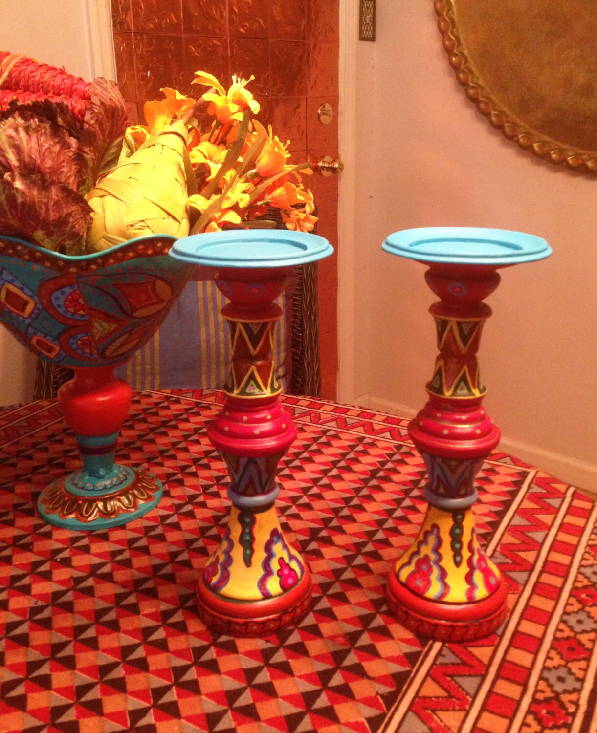 Hand Painted Bohemian Ceramic Decorative Set of Candle Holders