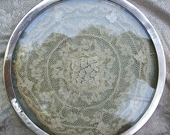 Antique Hand Made Lace Doily Silver Rimmed TRIVET or VANITY TRAY