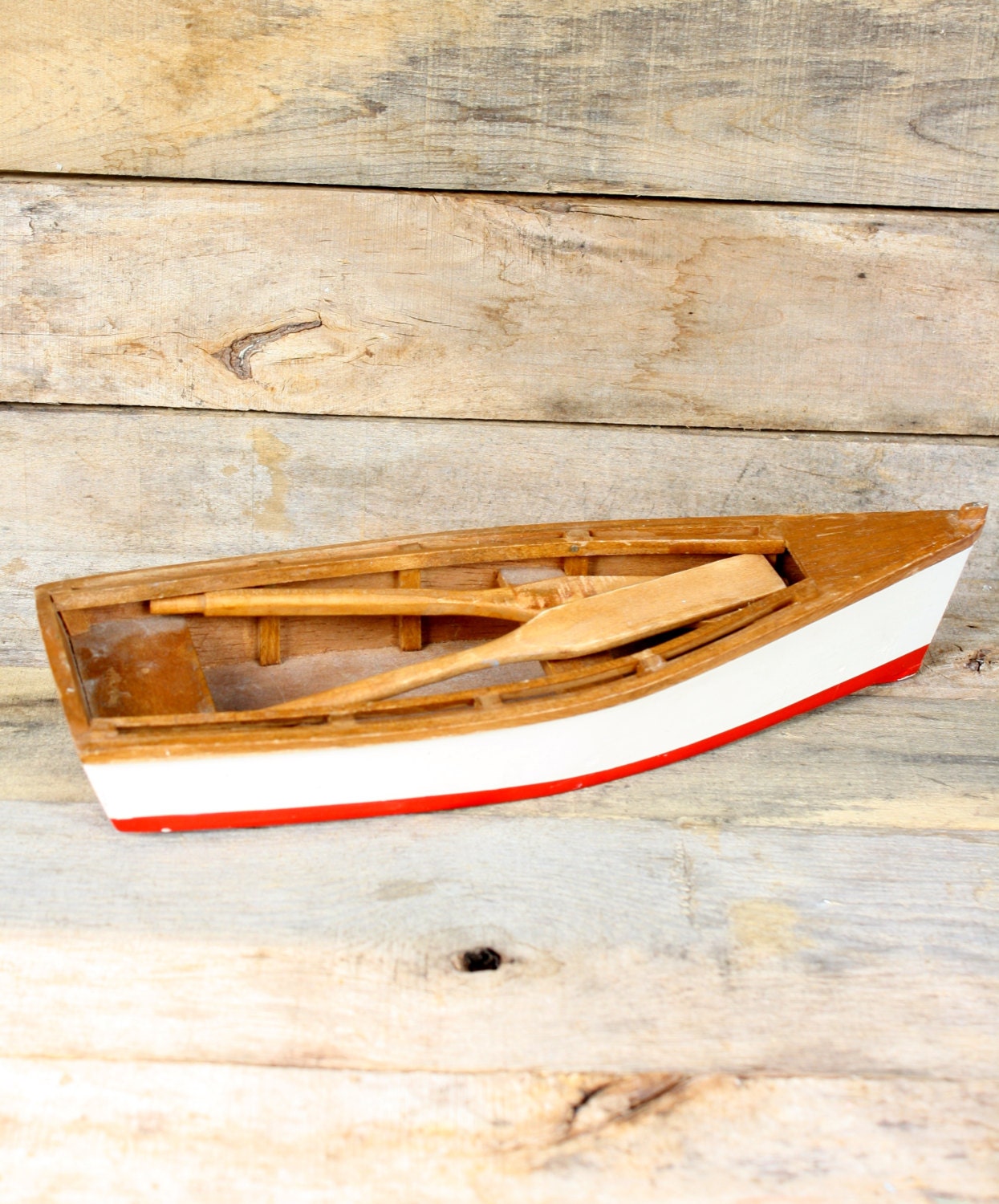 vintage red & white wooden canoe decor