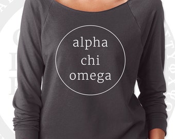 Alpha Chi Omega Pullover Sweater Yoga Shirt | Soft Lightweight Wide Crew Neck with Raw Edge for Layering | Alpha Chi Sorority Sweatshirt