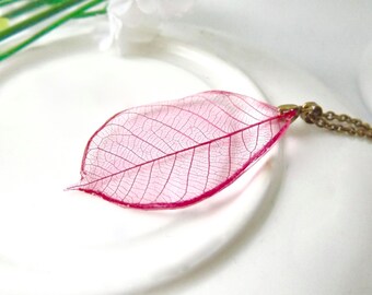 Skeleton leaf necklace - hot pink - antique bronze - botanical, nature inspired jewellery handmade in the UK