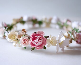 Paper Flower, Bridal flower crown, headband, pink, soft pink and white color.