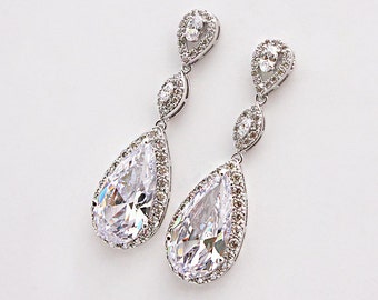 Megan - Wedding Earrings, Bridal CZ Earrings, Crystal Teardrop Earrings, Bridal Jewelry, Cubic Zirconia, Silver Earrings, Bridesmaid Gifts