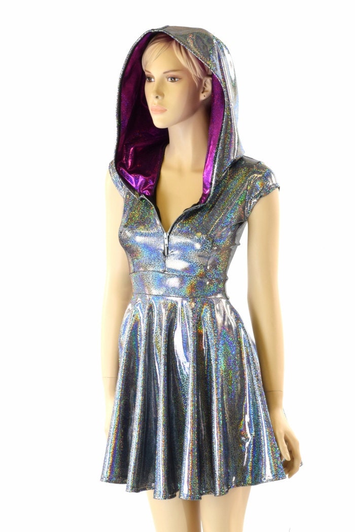 Silver Holographic Hoodie Skater Dress with Cap Sleeves