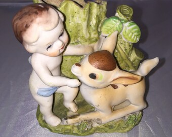 1940s Vintage Merit China Bambi Deer with Cherub Planter Bud Vase, Hand Painted Deer Fawn Vase