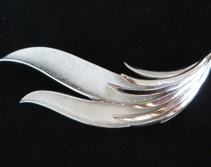 Trifari Leaf Brooch, Vintage Silver Tone Curved Leaf Matte Finish Signed Trifari Pin