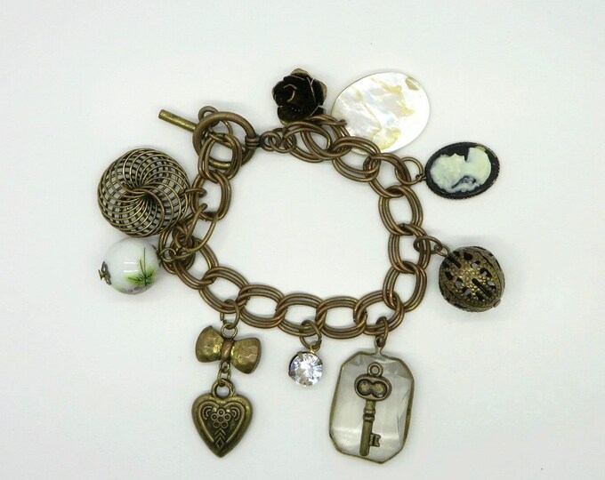 Copper Charm Bracelet, Vintage Cameo, Key, Rose, MOP, Porcelain, Rhinestone Charms