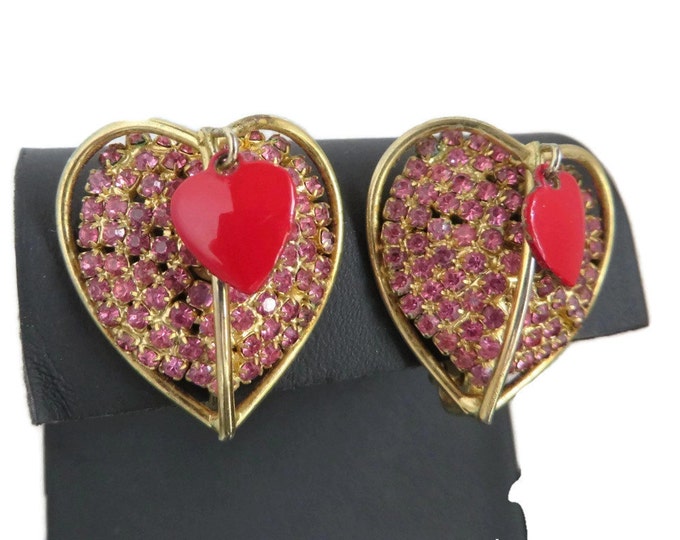 Vendome Rhinestone Heart Earrings, Vintage Pink Rhinestone, Red Enamel Double Heart Clip-on Earrings