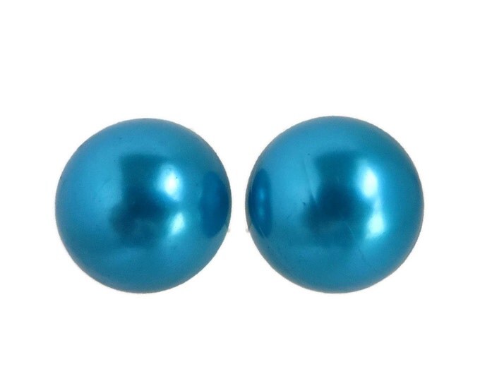 Japan Blue Button Earrings, Vintage Iridescent Blue Clip-on Earrings