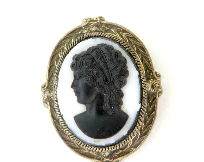 Vintage Cameo Brooch, Black & White Cameo Pendant, Gold Tone Pin-Pendant
