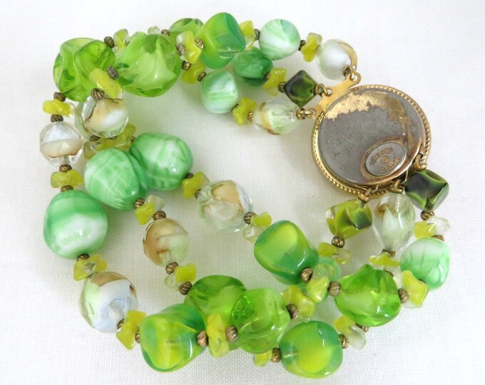 Hattie Carnegie Bracelet, Vintage Bracelet, Green Crystal Bracelet, Three Strand Bracelet, Signed Carnegie Bracelet, FREE SHIPPING
