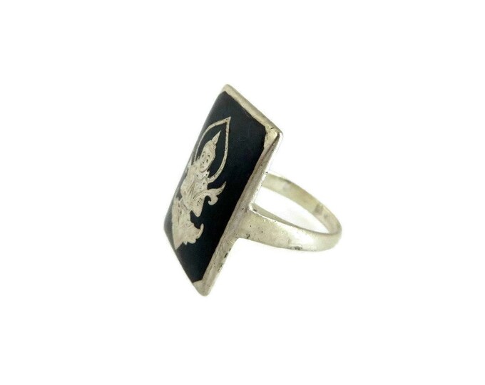 Siam Sterling Silver Ring, Vintage Nielloware Ring, Thepanom God Ring, Thai Jewelry, Size 5.5