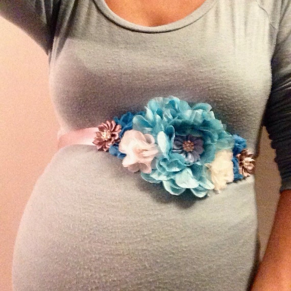 Boy Maternity Sash / Maternity Belt. Blue white and gray