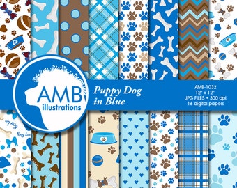 Puppy Dog Papers, Dog digital papers, Blue Dog Digital Backgrounds, Paws pattern papers, invites, card making and crafts, AMB-1032