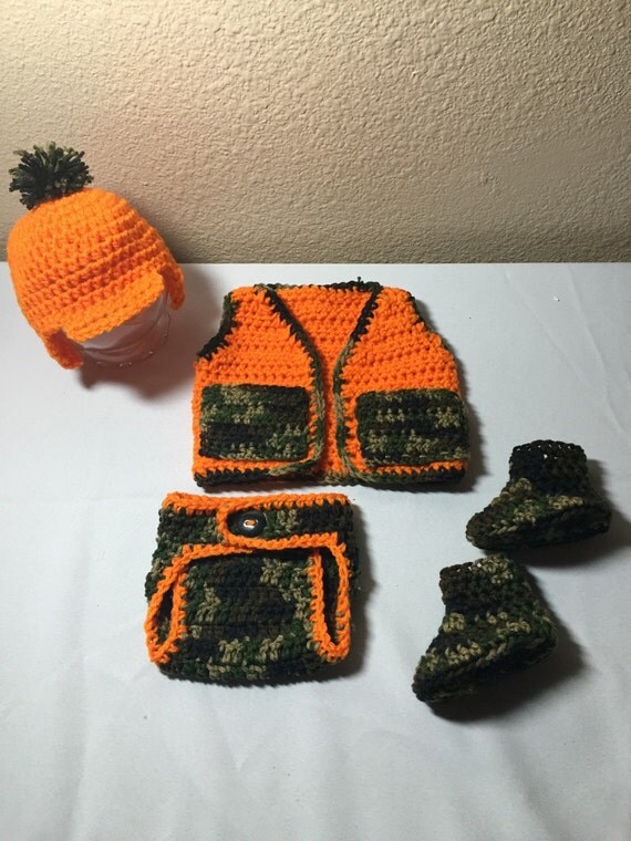 Crochet NB through 12 mos baby hunting hunter camo orange