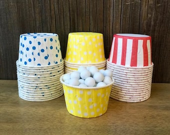 48 Red, White, Yellow and Blue Striped and Polka Dot Candy/ Nut Cups, Treat Cups, Wax Lined Portion Cups, Circus Themed Party Supply