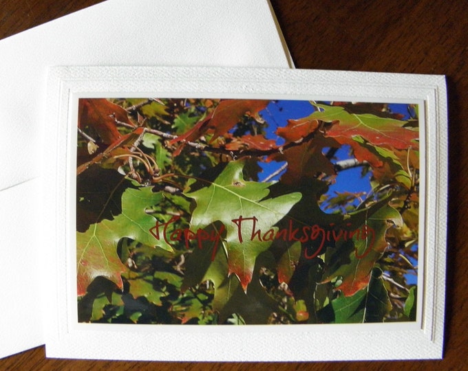 THANKSGIVING Greeting Card created by Pam Ponsart of Pam's Fab Photos featuring copper and green Autumn Leaves plus printed text on outside