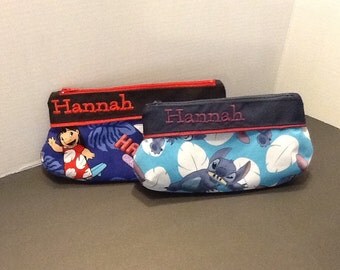 Personalized make up bag in 3 sizes made with stitch fabric or Lilo and Stitch fabric