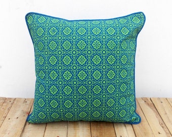 Blue and green, throw pillow cover, tile print, cotton pillow, sizes available.