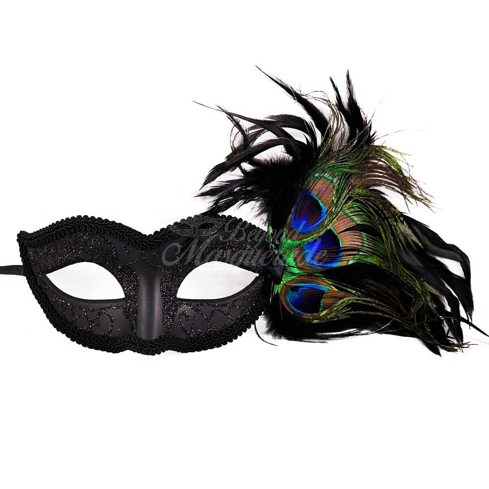 Venetian Peacock Feather Mask All Black Themed