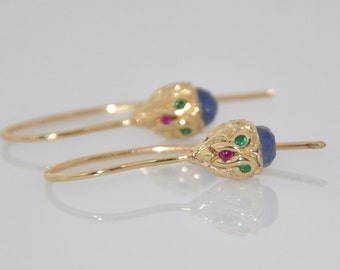 Sapphire Earring, Sapphire Jewelry, Solid Gold Earrings, 14k Gold Earrings, Tiny Gold Earring, Dainty Gold Earrings, Tiny Sapphire Earring