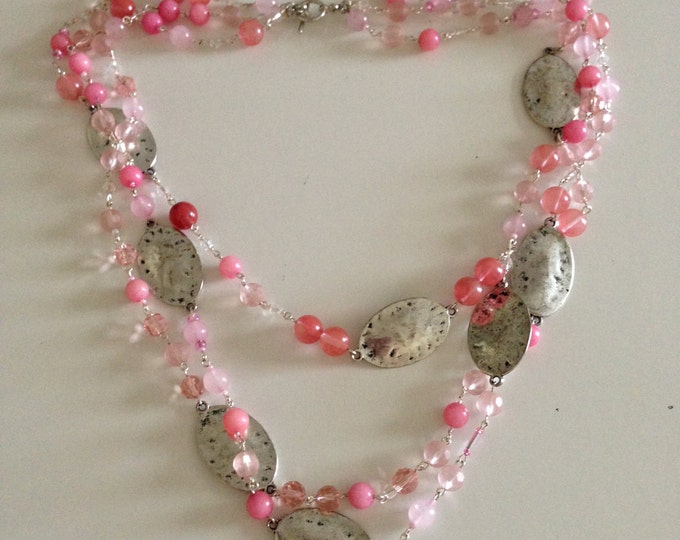 hand beaded pink, silver and white necklace made of quartz, rhodonite, and glass