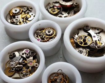 STEAMPUNK Style White Double Flare Tunnels/ Plugs With Brass & Steel Cogs **Sizes 8mm / 10mm /12mm / 14mm / 19mm / 25mm / 30mm**