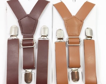 FREE DOMESTIC SHIPPING! Wedding Vintage Brown and Rust Brown 1inch Wide pu Leather Suspenders Y-Back for Kids Boys Mens Groom