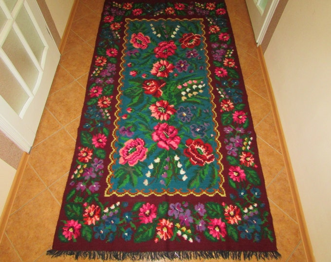 Vintage handwoven wool rug carpet - Floral kilim - Romania Kilim Bessarabian Kilim. Vintage Kilim, Handmade , rose kilim rug.