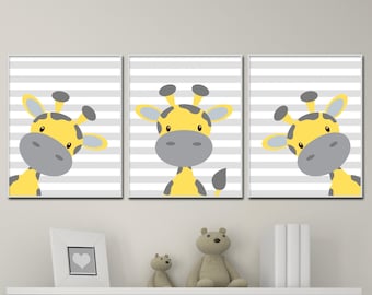 Baby Giraffe Nursery Art, Yellow And Grey Nursery Art Decor, Giraffe Nursery Art Prints -H192