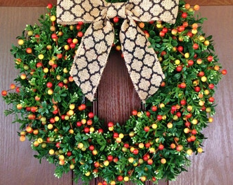 Bittersweet Berry Boxwood Wreath ,Orange Berry Boxwood Wreath, Fall Boxwood Wreath, Fall Berry Wreath,