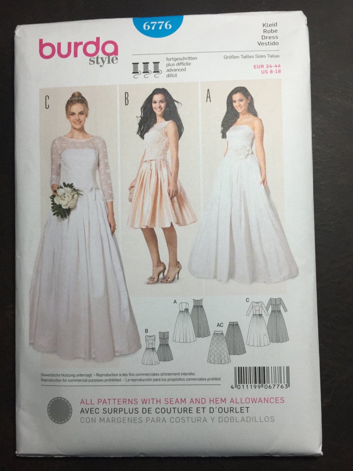 Sizes 8 18 6776 Burda  Wedding  Dress  Sewing Pattern  New