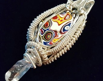 Wire Wrapped Detroit Agate and Quartz pendant. Necklace. Fordite. Jewelry.