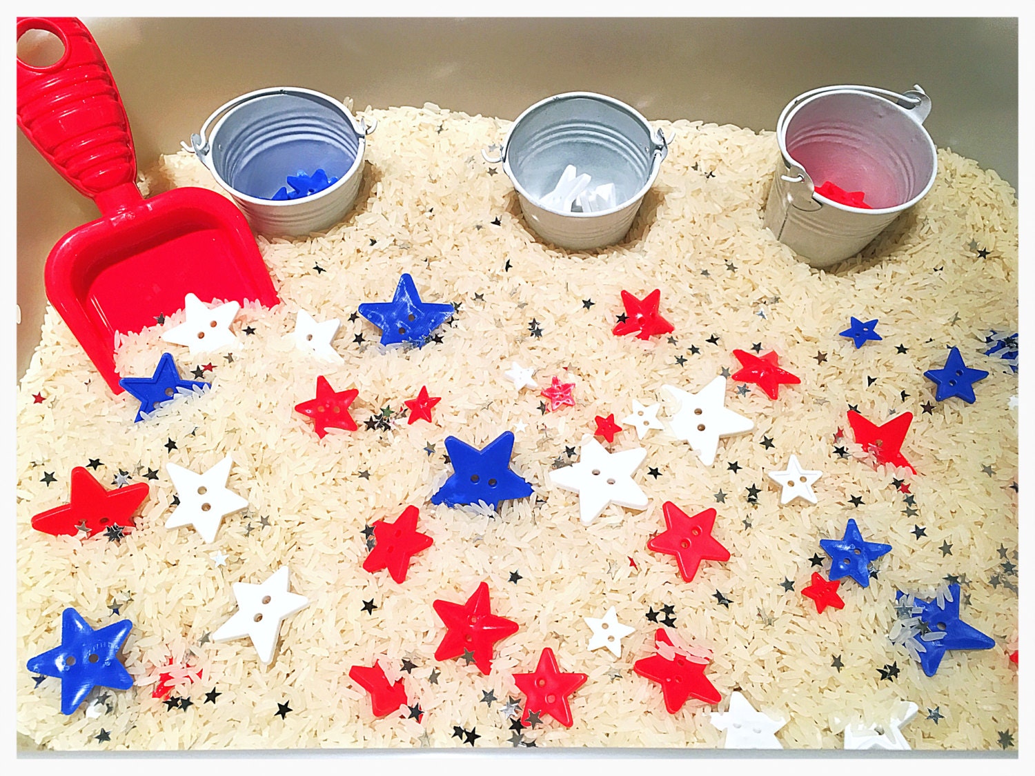 Sensory bin Fourth of July theme red white and blue by GoSensory