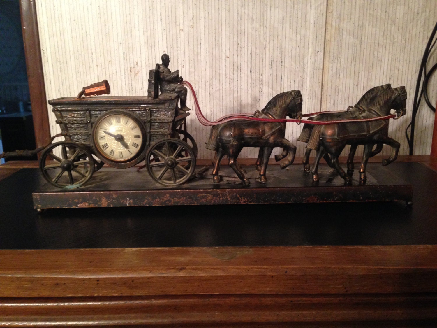 Vintage Horse Clock Bronze 4 Horse Drawn Covered Wagon Lamp