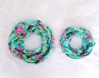 Mommy and Me Matching Infinity Scarves Scarf Set - Purple Floral on Aqua Green - READY TO SHIP